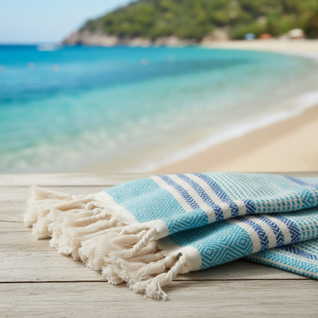 Fouta de plage hammam IZYLI Diamond — coloris naturel, grammage 420g/m², motif jacquard double face